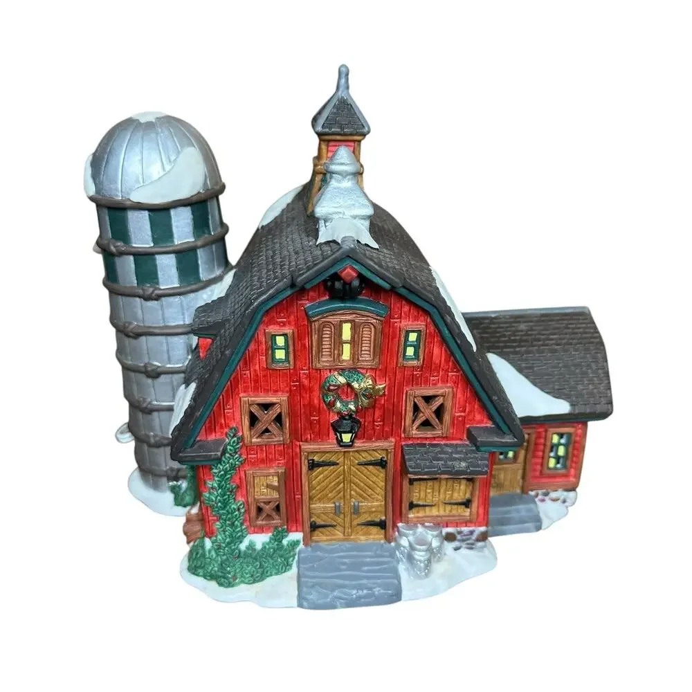 Vtg O'Well Heartland Valley Village Red Barn w/ Silo Lighted Porcelain House 90s